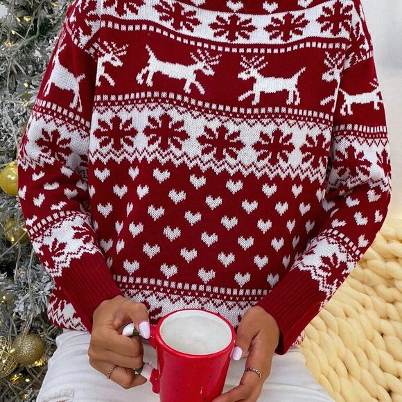 Red Casual Women's Christmas Knit Pullover Drop Shoulder Sweater - Picture 5 of 6